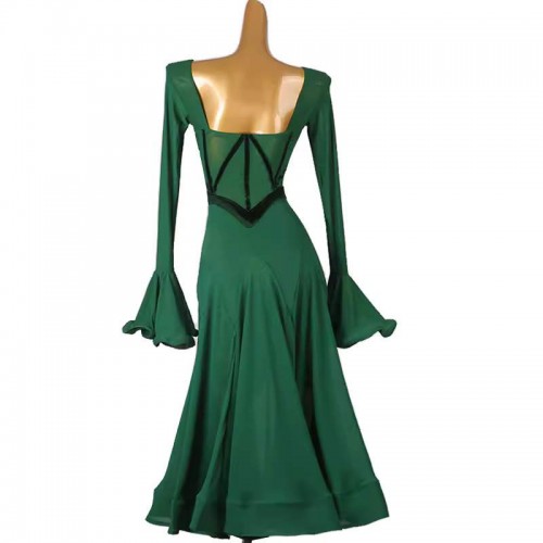 Dark Green black velvet ballroom dance dresses for women girls waltz tango foxtrot smooth dance long gown flare  sleeves for female